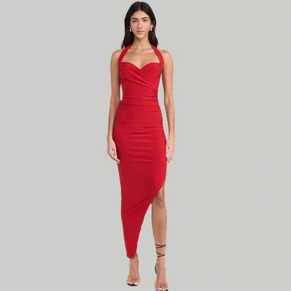 NWT Norma Kamali Red Asymmetrical Bodycon Dress w/ Slit & Ruching - Tiger Red-XS - Picture 3 of 8